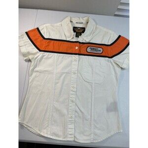 Harley-Davidson Button Up Shirt White Orange Racing Stripe Y2K Biker Size M